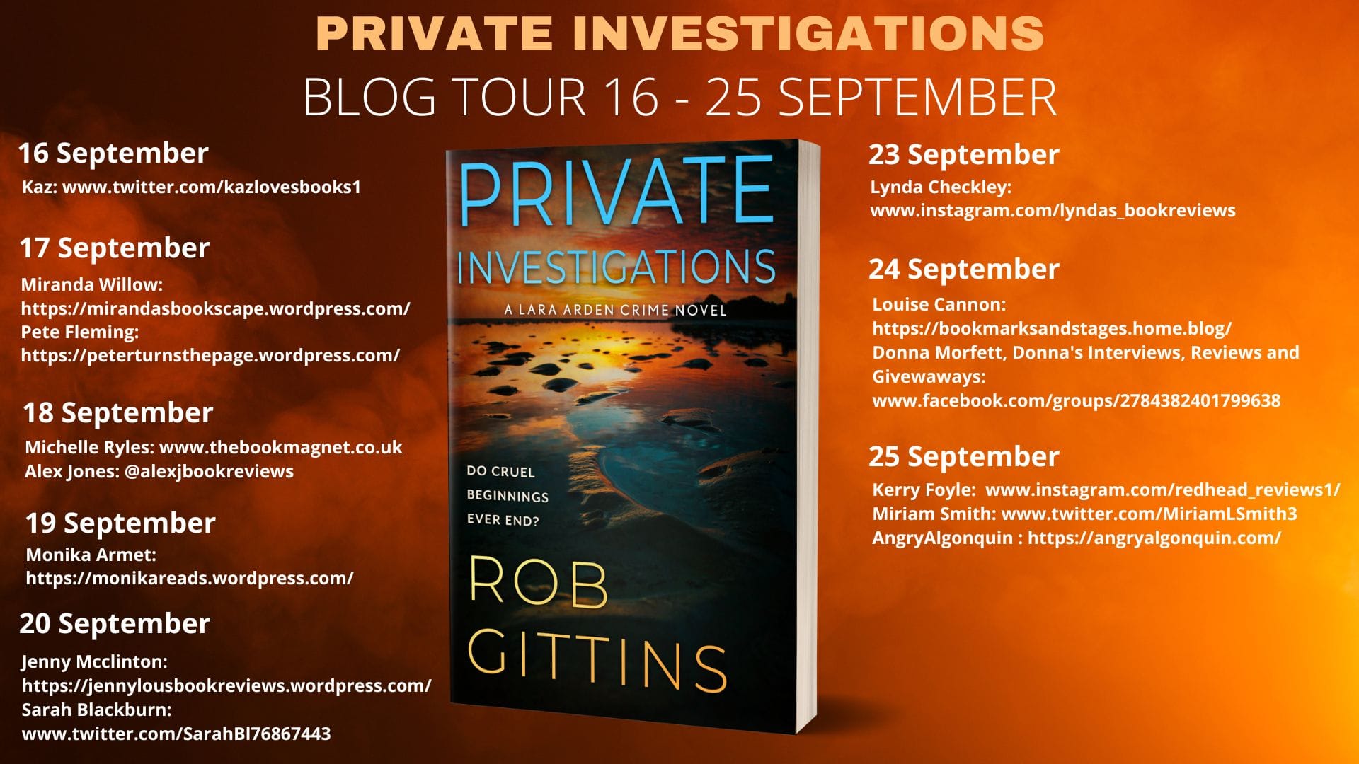 Poster for the blog tour of Private Investigations by Rob Gittins