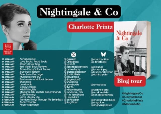 Blog poster for "Nightingale & Co." with blog tour dates and names. Blue background, red and black highlights, the cover of the book.