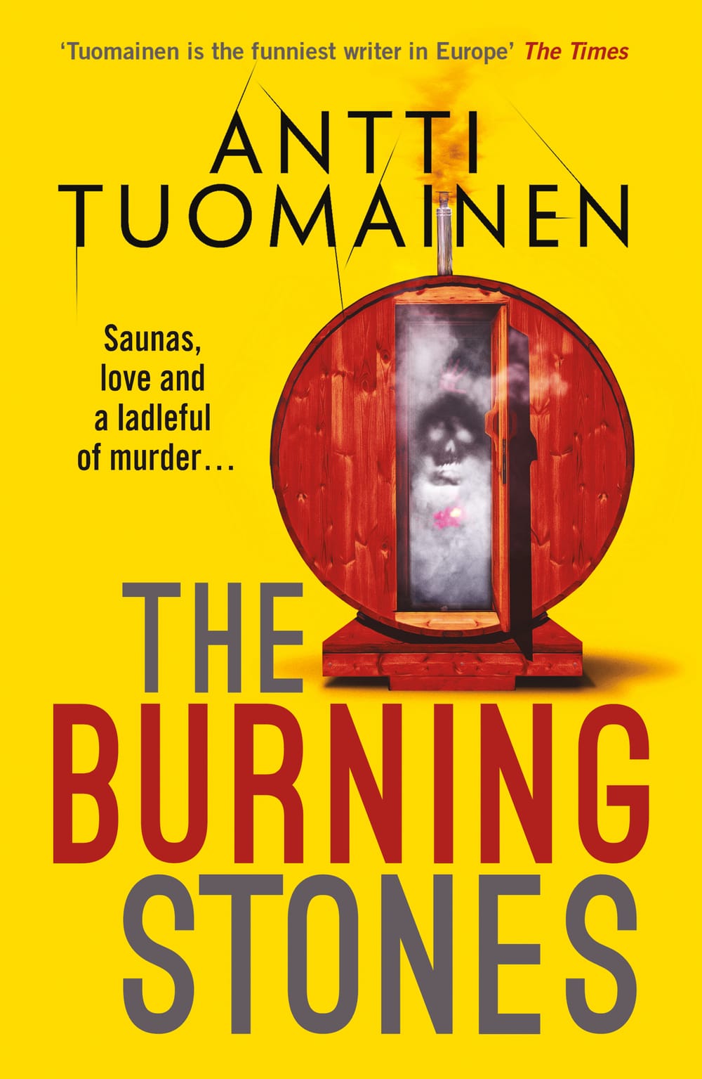 The book cover of "The Burning Stones" by Antti Tuomainen. Sauna with skull on yellow background.