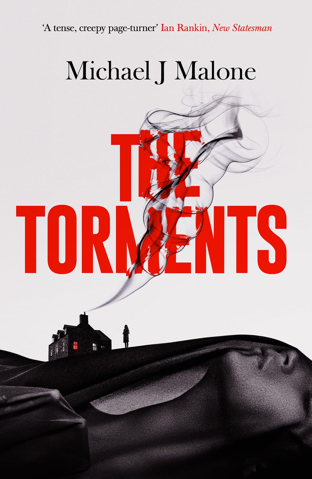 Book cover for The Torments with black hill, black house and standing figure.